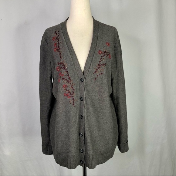 Eddie Bauer embroidered v-neck cardigan grey cotton blend berries beaded XL - Picture 1 of 8